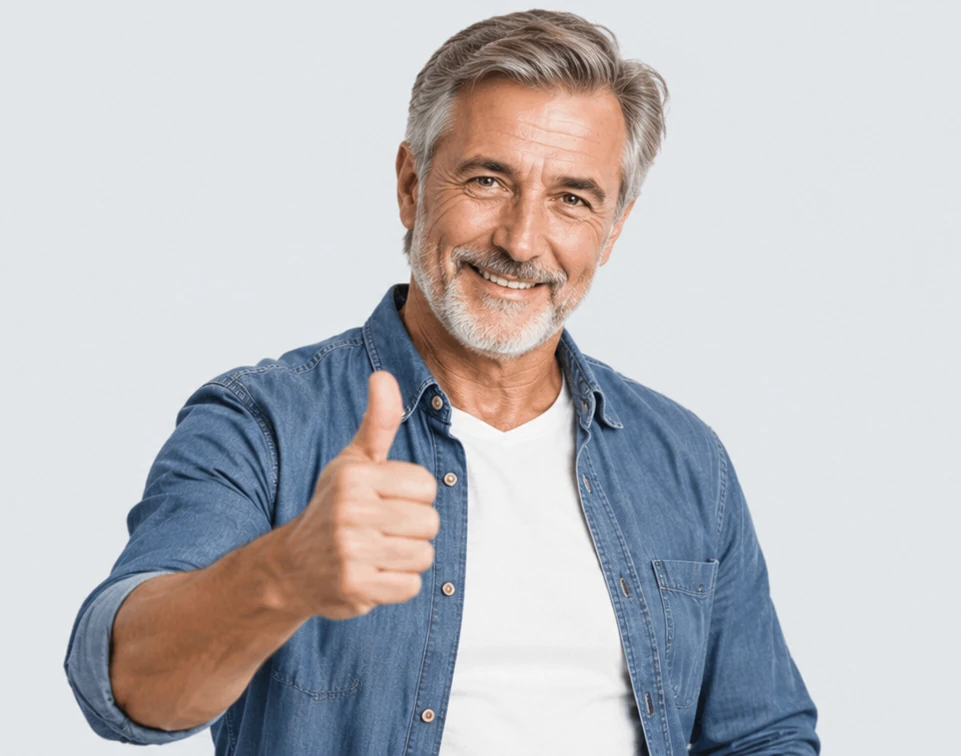 Uomo maturo sorridente con camicia di jeans